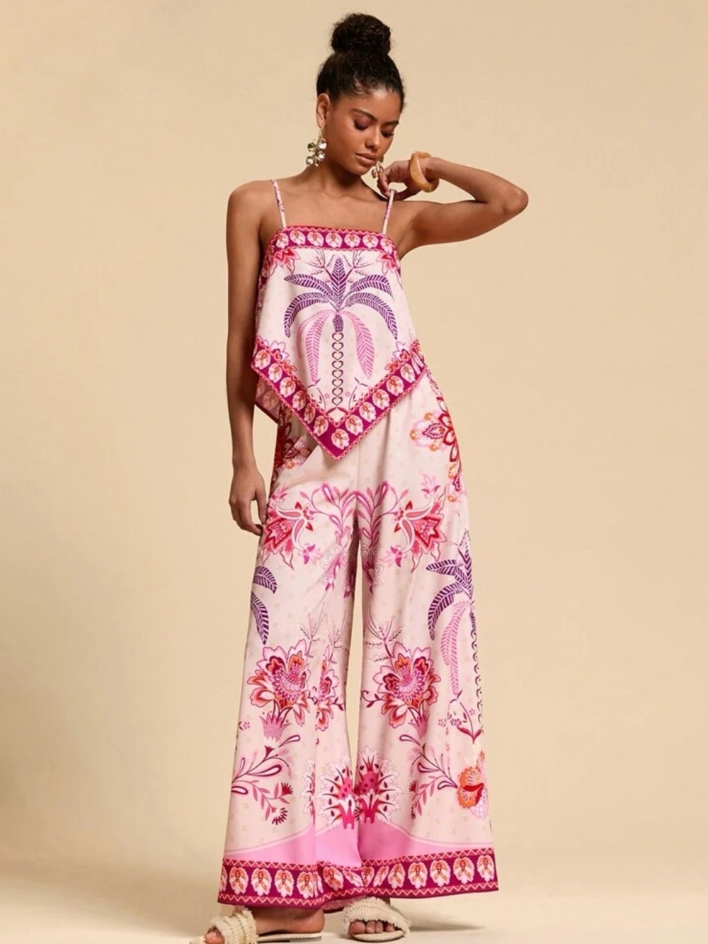 Floral Wide-Leg Two Piece Pant Set in Pink